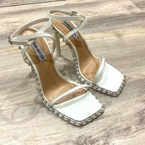 White Steve Madden Square Toe Patent Leather Heels with silver jewels